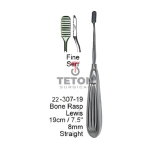 Bone Rasp Lewis, 19 cm / 7.5″ length  8 mm straight cross-cut design for precision bone shaping  Made of premium surgical-grade stainless steel  Ergonomic handle for surgeon comfort and control  Autoclavable, reusable, and durable instrument